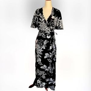 BOG Collective Long Floral Black and White Flowy Wrap Dress Flowy